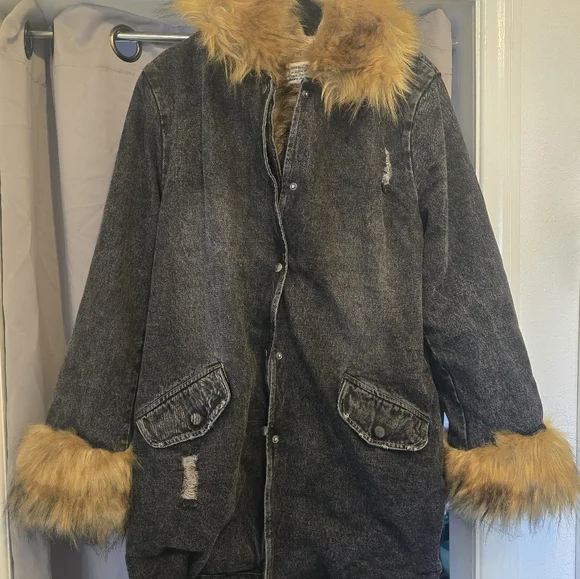 Women's Long Hooded Parka Faux Fur  Distressed Black Denim Statement Jacket - Picture 2 of 15
